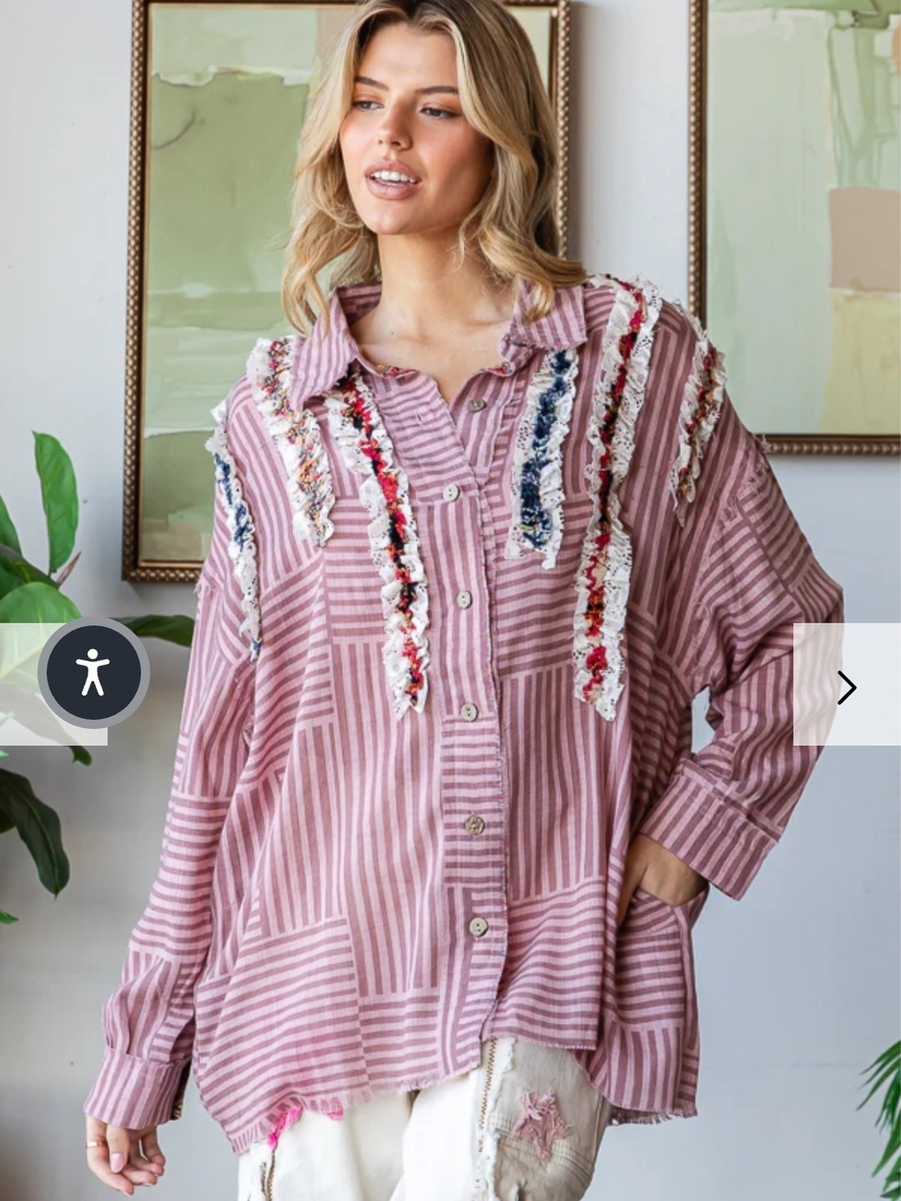 Oli & Hali Striped Pink , Berry Lace Embellished Button-Up Shirt - Picture 2 of 4
